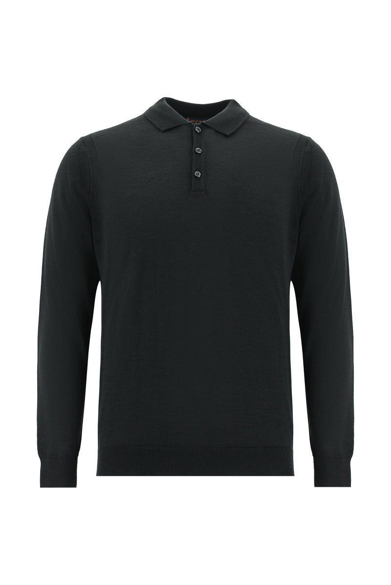 Siyah Polo Yaka Regular Fit Yünlü Triko Kazak-Abdullah Ki??l?