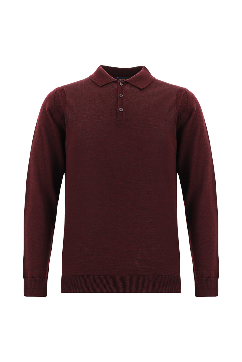 Koyu Bordo Polo Yaka Regular Fit Yünlü Triko Kazak