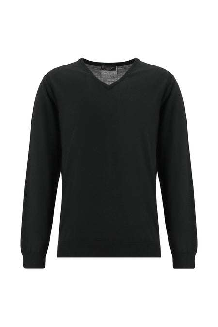 Siyah V Yaka Regular Fit Yünlü Triko Kazak