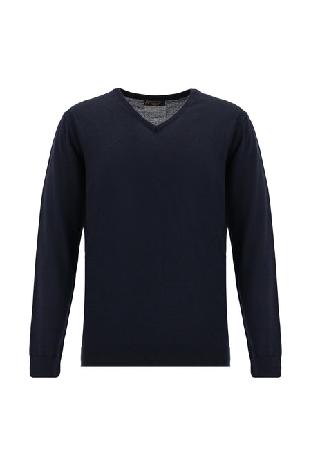 Koyu Lacivert V Yaka Regular Fit Yünlü Triko Kazak