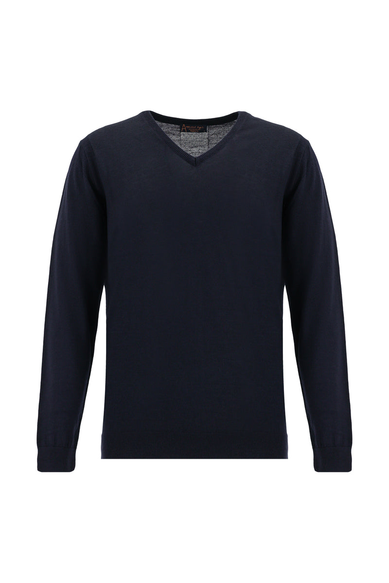 Koyu Lacivert V Yaka Regular Fit Yünlü Triko Kazak