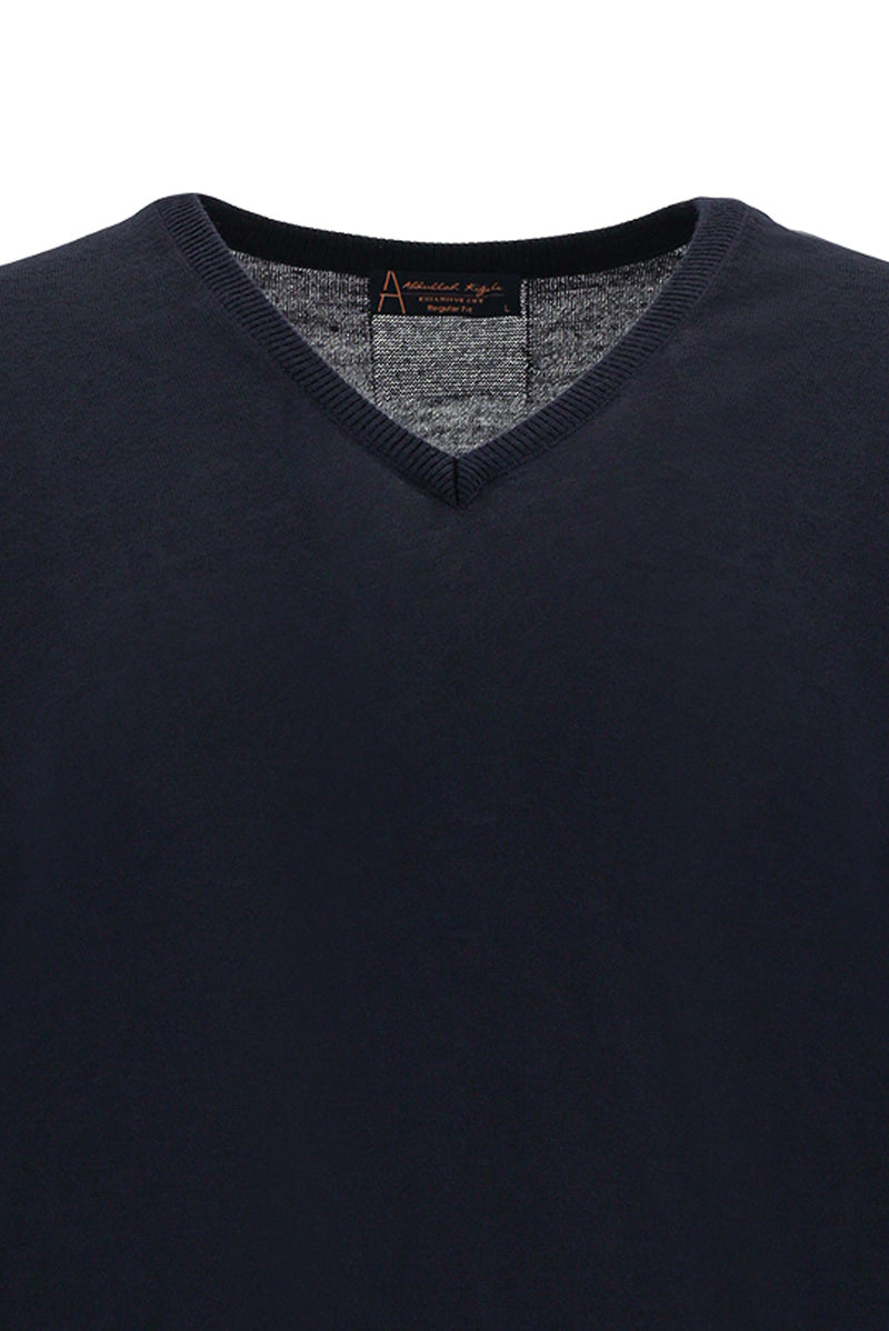 Koyu Lacivert V Yaka Regular Fit Yünlü Triko Kazak