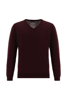Koyu Bordo V Yaka Regular Fit Yünlü Triko Kazak