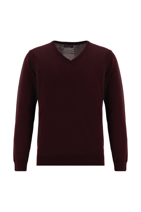 Koyu Bordo V Yaka Regular Fit Yünlü Triko Kazak
