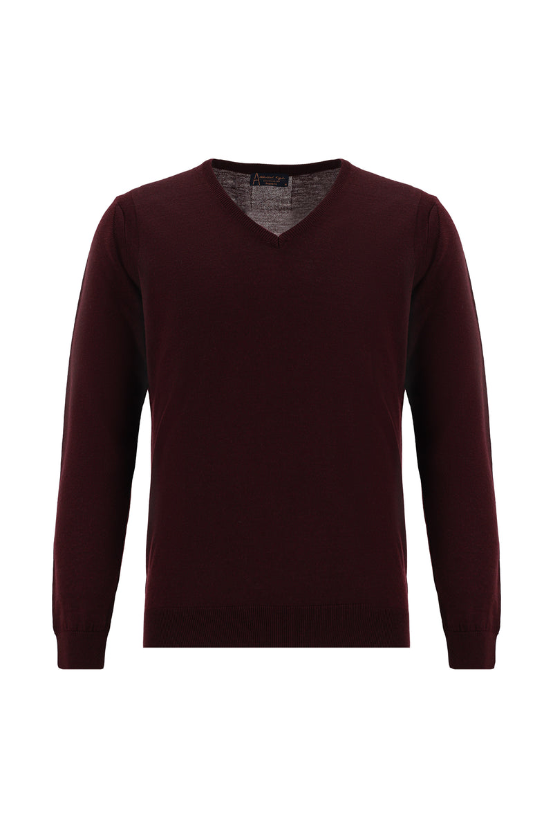 Koyu Bordo V Yaka Regular Fit Yünlü Triko Kazak