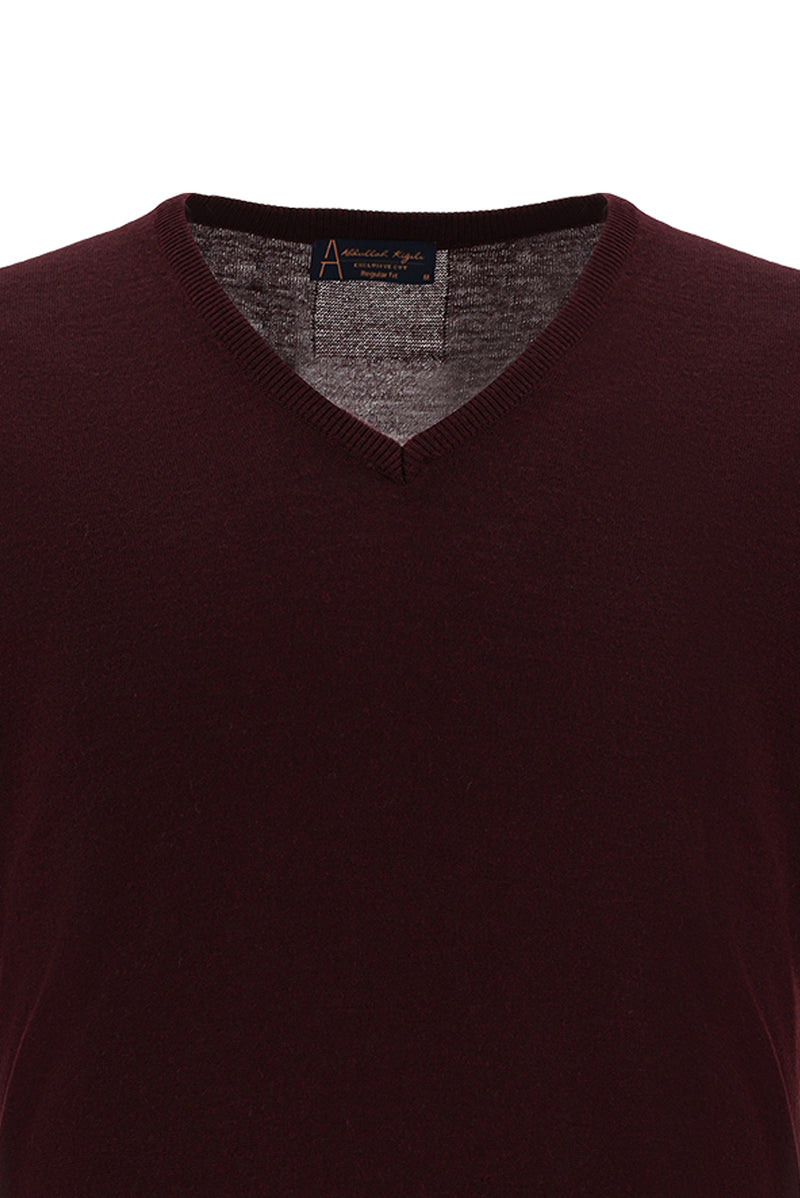 Koyu Bordo V Yaka Regular Fit Yünlü Triko Kazak