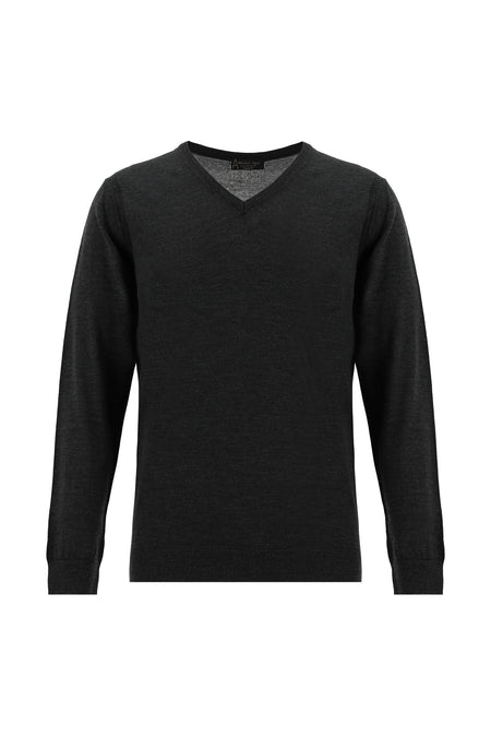 Orta Antrasit V Yaka Regular Fit Yünlü Triko Kazak