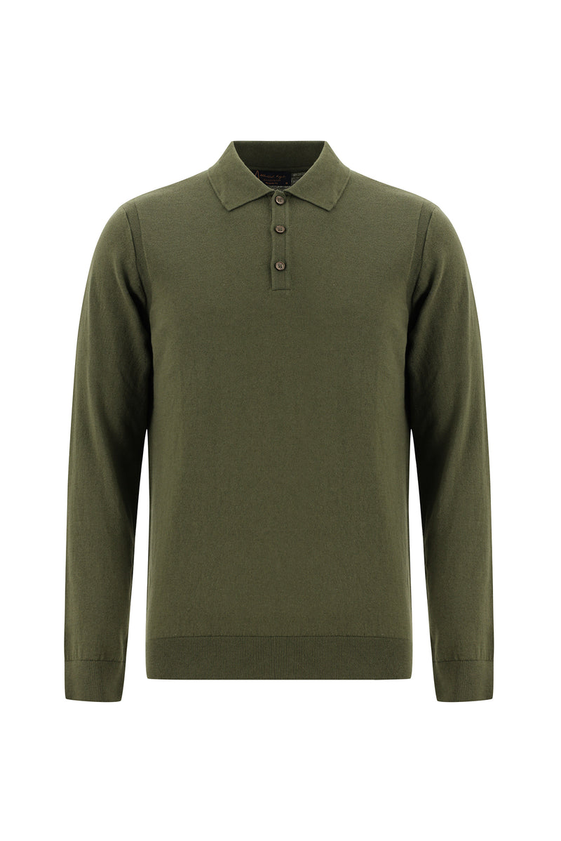 Orta Haki Polo Yaka Regular Fit Pamuklu Kaşmirli Triko Kazak