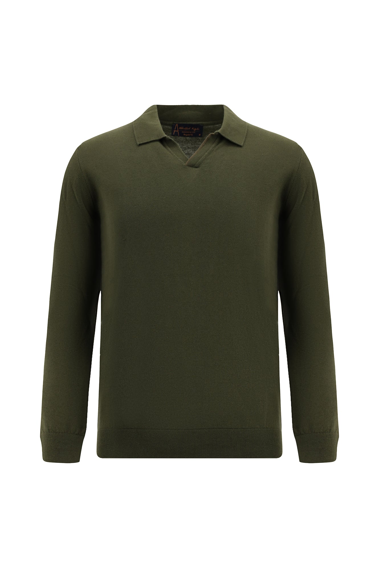 Orta Haki Polo Yaka Regular Fit Kaşmirli Triko Kazak