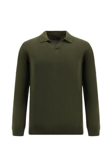 Orta Haki Polo Yaka Regular Fit Kaşmirli Triko Kazak