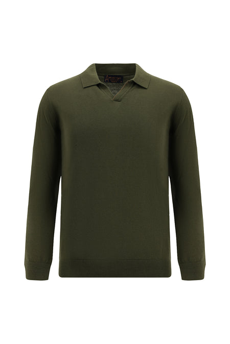 Orta Haki Polo Yaka Regular Fit Kaşmirli Triko Kazak
