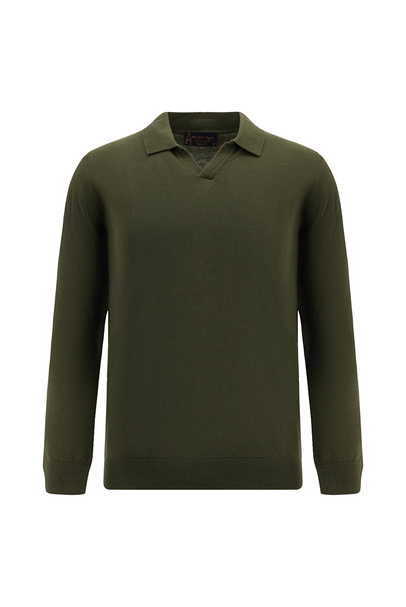 Orta Haki Polo Yaka Regular Fit Kaşmirli Triko Kazak