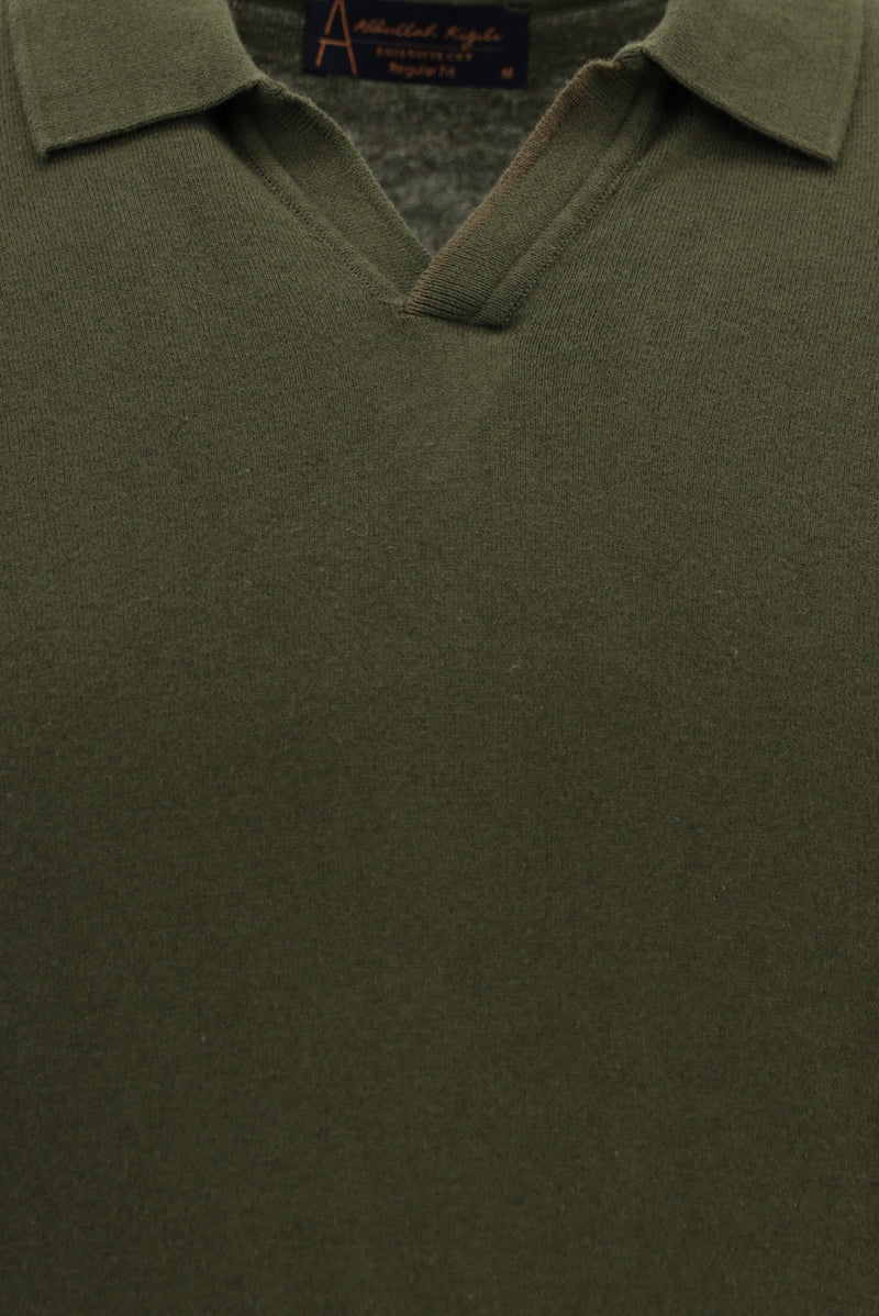 Orta Haki Polo Yaka Regular Fit Kaşmirli Triko Kazak