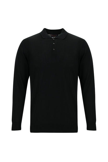 Siyah Polo Yaka Regular Fit Yünlü Triko Kazak