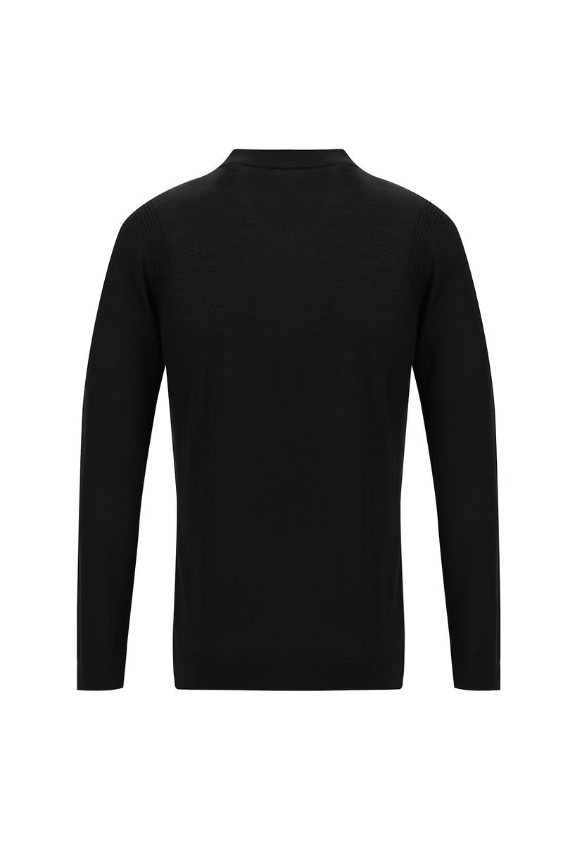 Siyah Polo Yaka Regular Fit Yünlü Triko Kazak