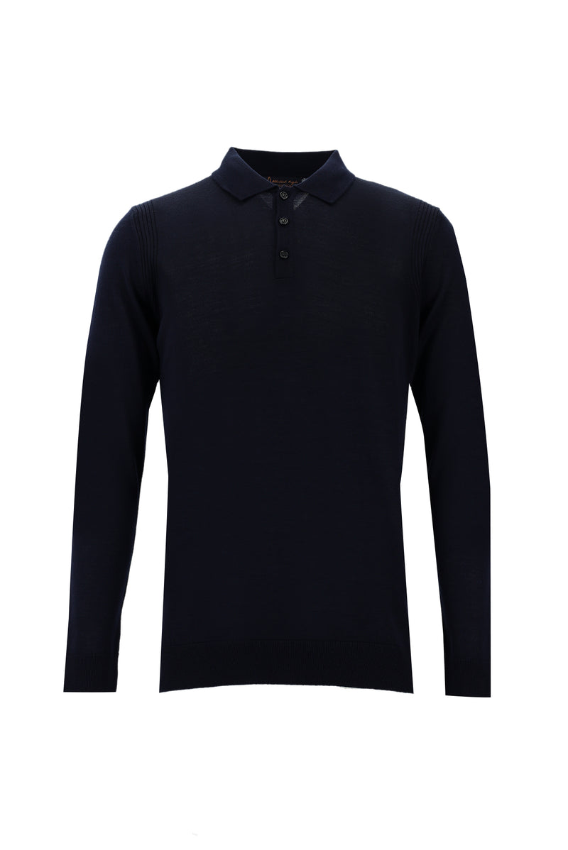 Koyu Lacivert Polo Yaka Regular Fit Yünlü Triko Kazak