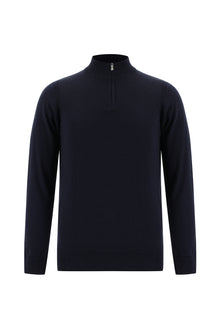 Koyu Lacivert Yarım Balıkçı Yaka Regular Fit Fermuarlı Pamuklu Kaşmirli Triko Kazak