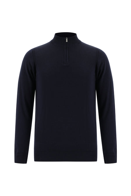 Koyu Lacivert Yarım Balıkçı Yaka Regular Fit Fermuarlı Pamuklu Kaşmirli Triko Kazak