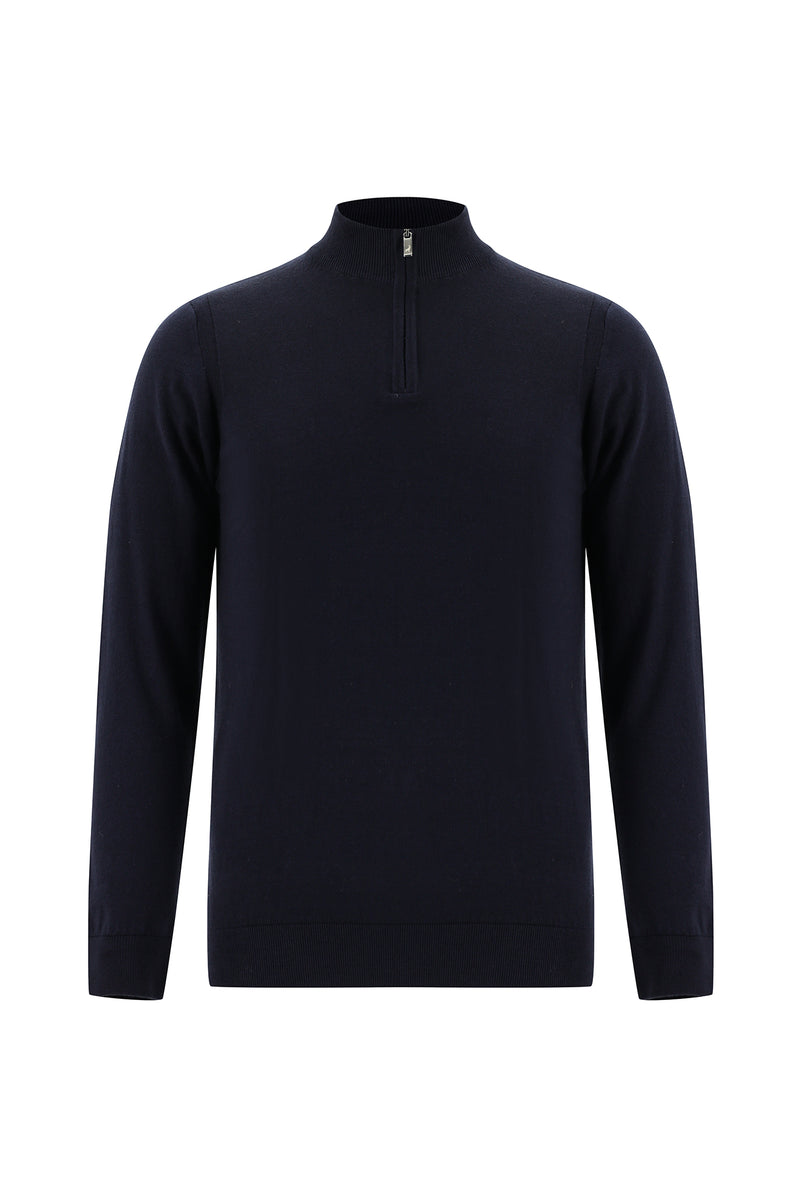 Koyu Lacivert Yarım Balıkçı Yaka Regular Fit Fermuarlı Pamuklu Kaşmirli Triko Kazak