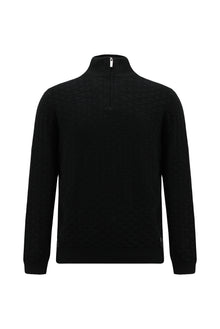 Siyah Yarım Balıkçı Yaka Regular Fit Desenli Fermuarlı Kaşmirli Triko Kazak