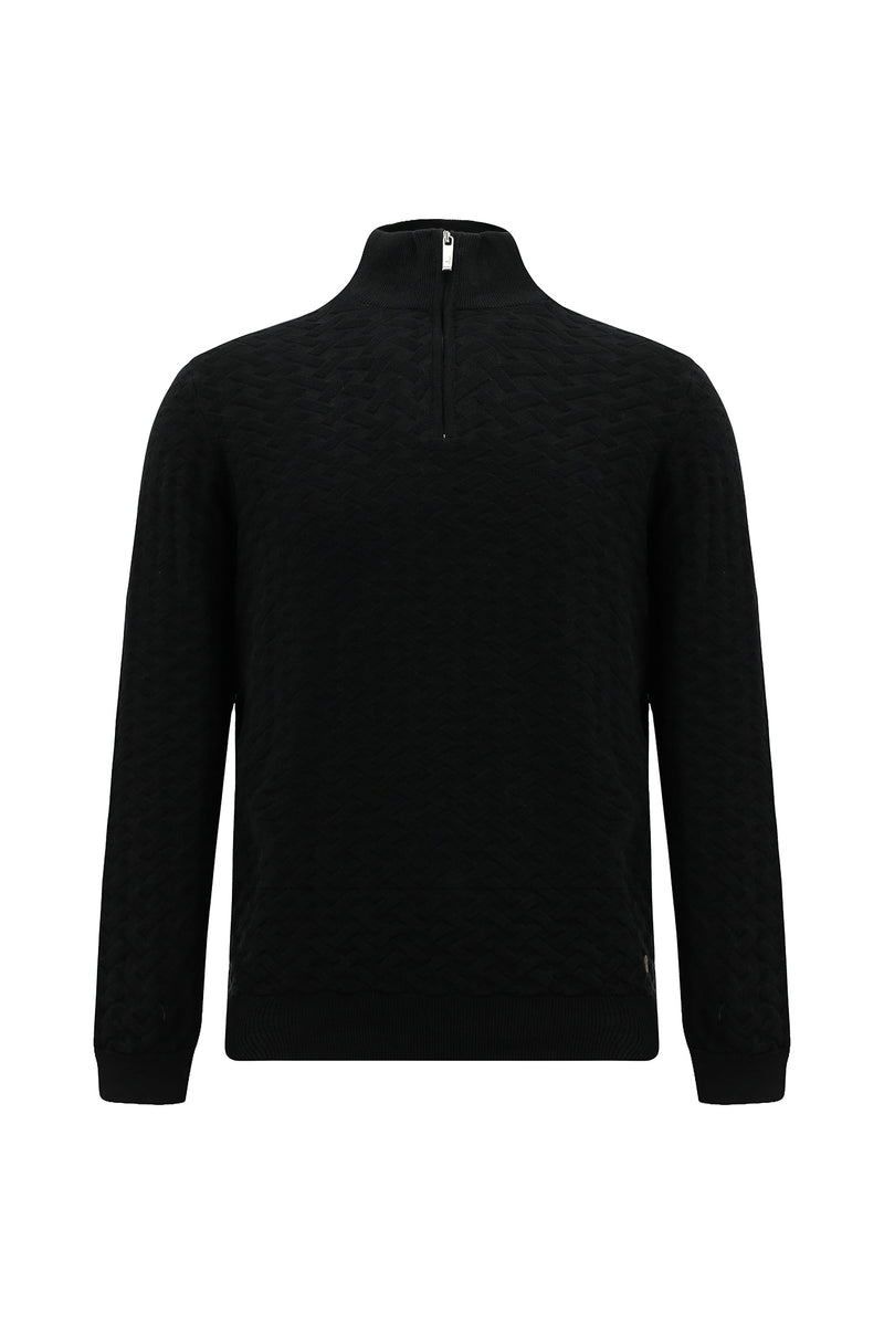 Siyah Yarım Balıkçı Yaka Regular Fit Desenli Fermuarlı Kaşmirli Triko Kazak