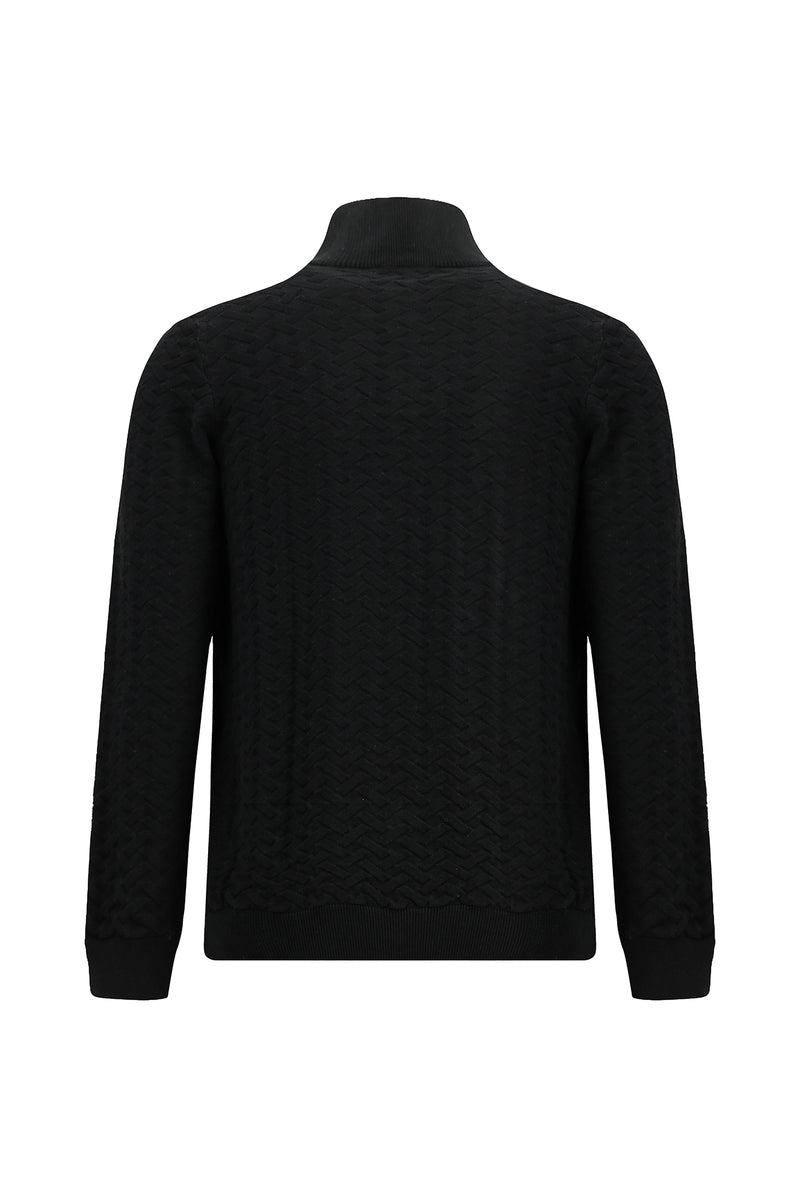 Siyah Yarım Balıkçı Yaka Regular Fit Desenli Fermuarlı Kaşmirli Triko Kazak