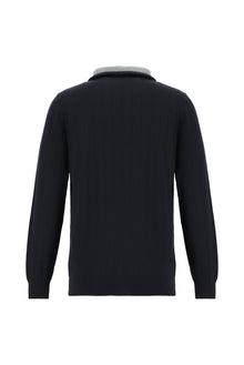 Koyu Lacivert Yarım Balıkçı Yaka Regular Fit Fermuarlı Desenli Yünlü Triko Kazak