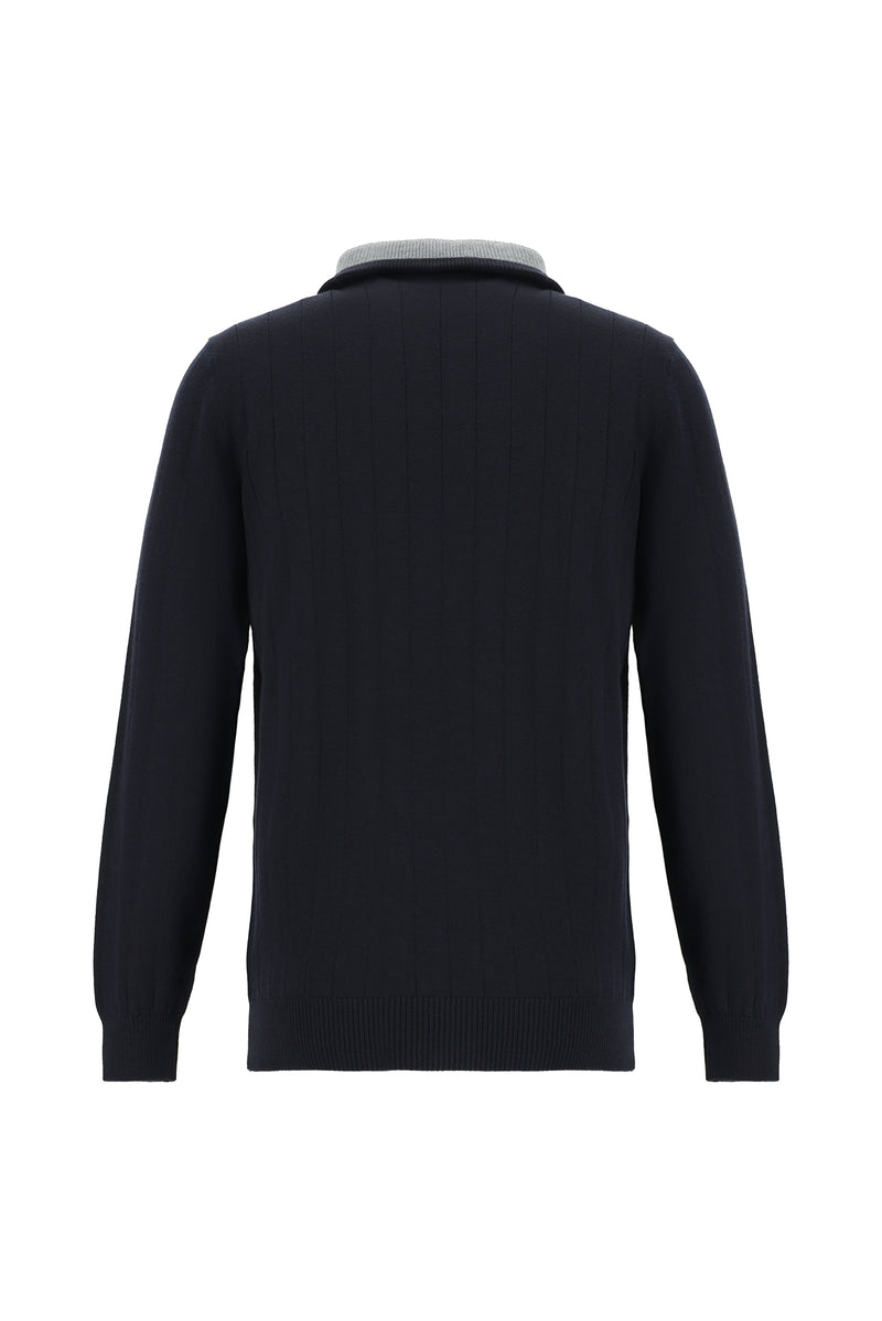 Koyu Lacivert Yarım Balıkçı Yaka Regular Fit Fermuarlı Desenli Yünlü Triko Kazak