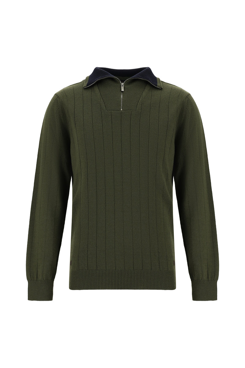 Orta Haki Yarım Balıkçı Yaka Regular Fit Fermuarlı Desenli Yünlü Triko Kazak