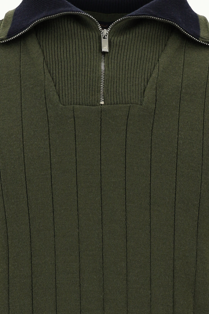 Orta Haki Yarım Balıkçı Yaka Regular Fit Fermuarlı Desenli Yünlü Triko Kazak