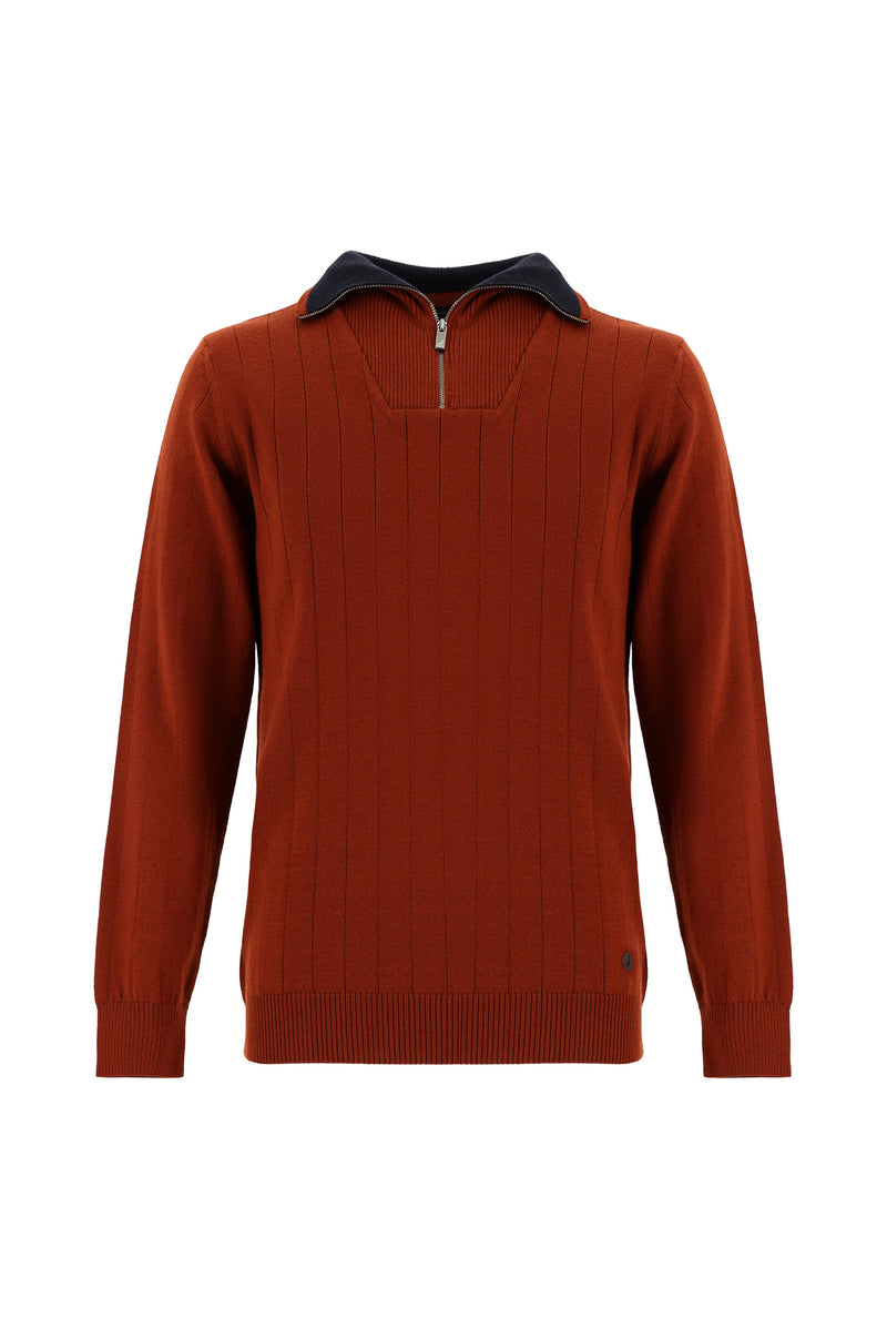 Kiremit Yarım Balıkçı Yaka Regular Fit Fermuarlı Desenli Yünlü Triko Kazak