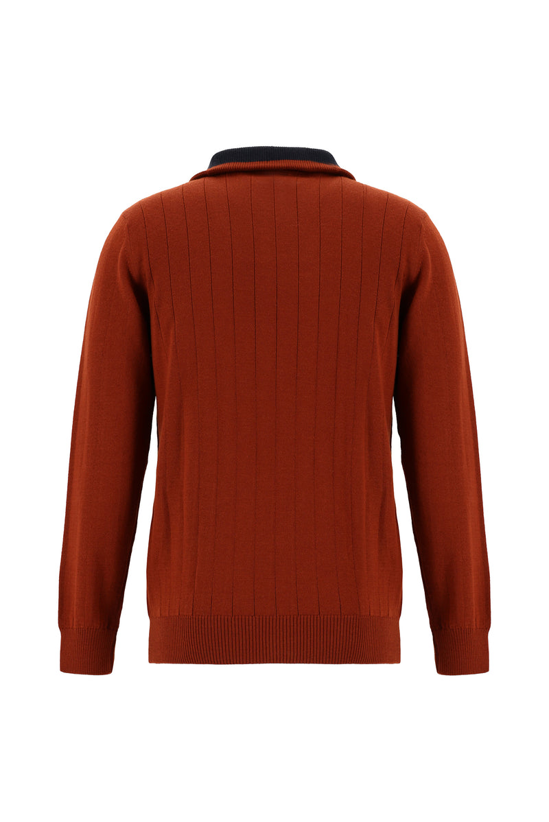 Kiremit Yarım Balıkçı Yaka Regular Fit Fermuarlı Desenli Yünlü Triko Kazak