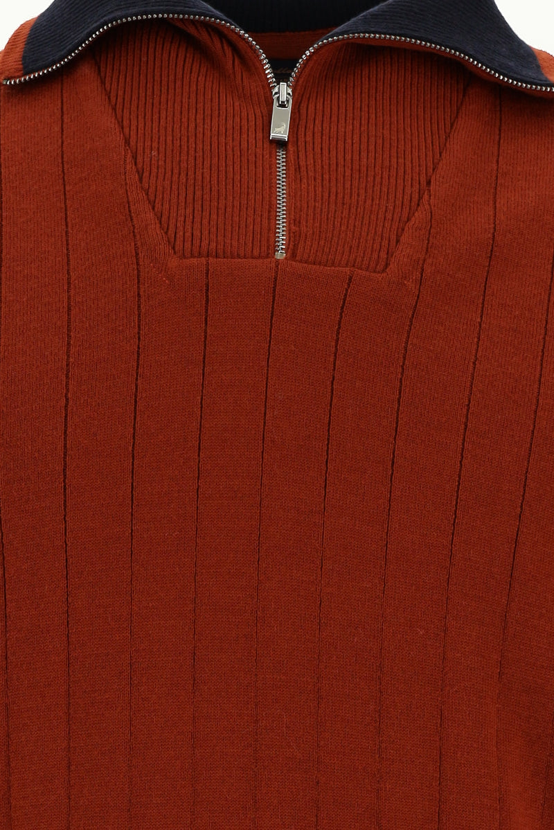 Kiremit Yarım Balıkçı Yaka Regular Fit Fermuarlı Desenli Yünlü Triko Kazak