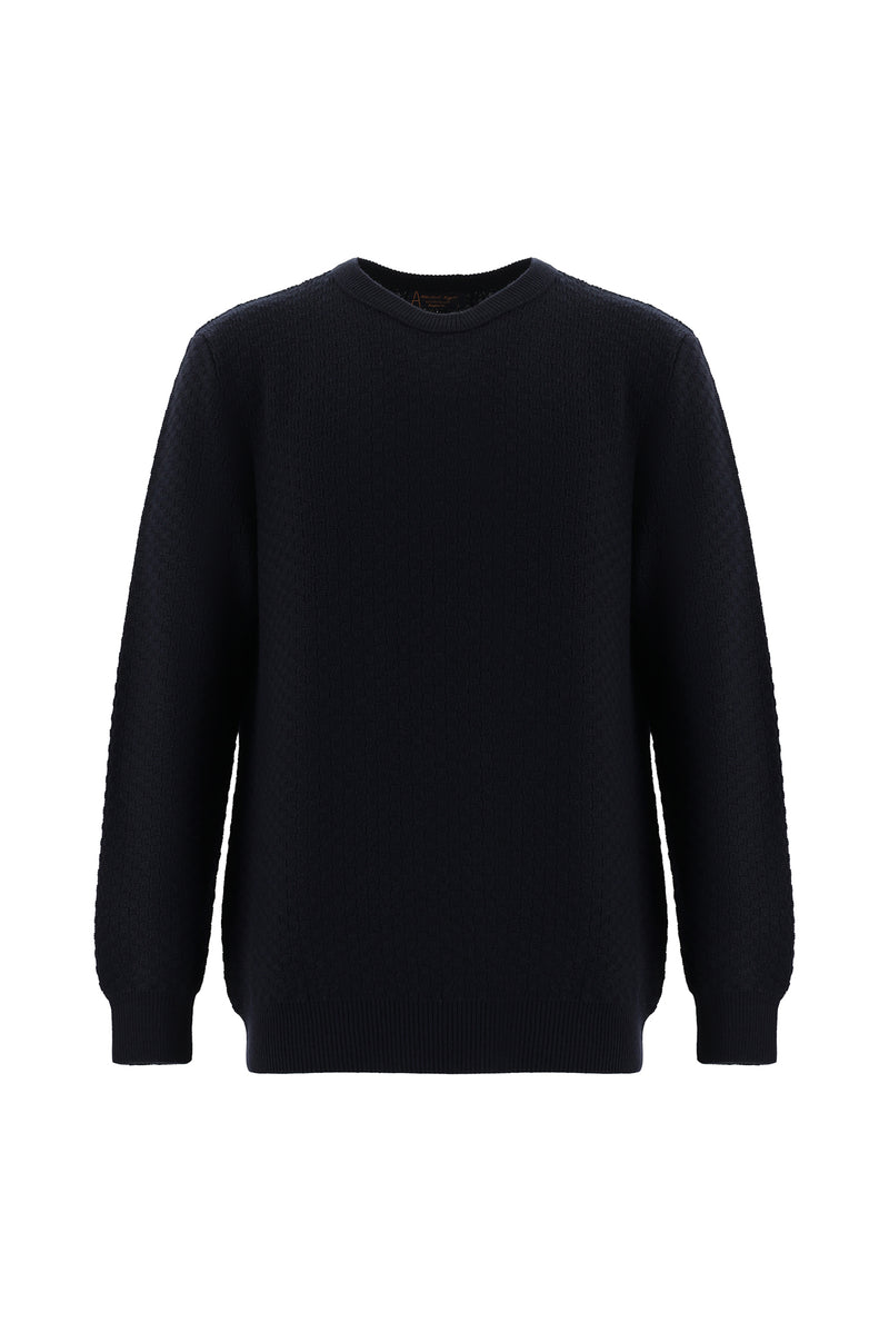 Koyu Lacivert Bisiklet Yaka Regular Fit Desenli Yünlü Triko Kazak