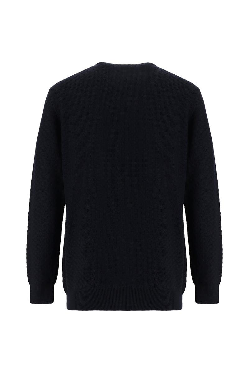 Koyu Lacivert Bisiklet Yaka Regular Fit Desenli Yünlü Triko Kazak