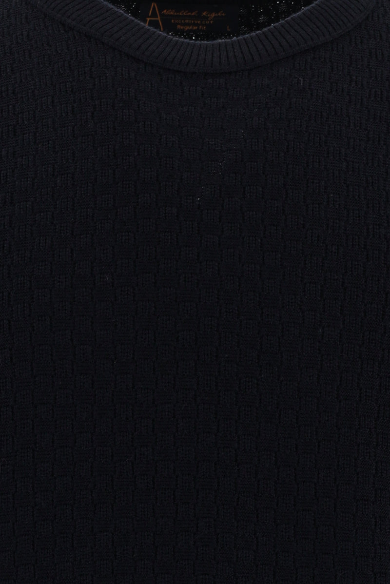 Koyu Lacivert Bisiklet Yaka Regular Fit Desenli Yünlü Triko Kazak