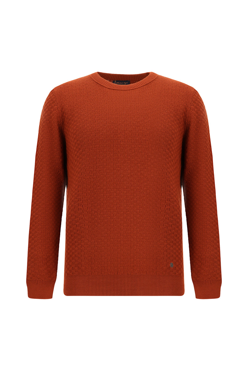 Kiremit Bisiklet Yaka Regular Fit Desenli Yünlü Triko Kazak