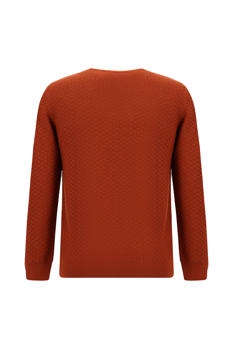 Kiremit Bisiklet Yaka Regular Fit Desenli Yünlü Triko Kazak