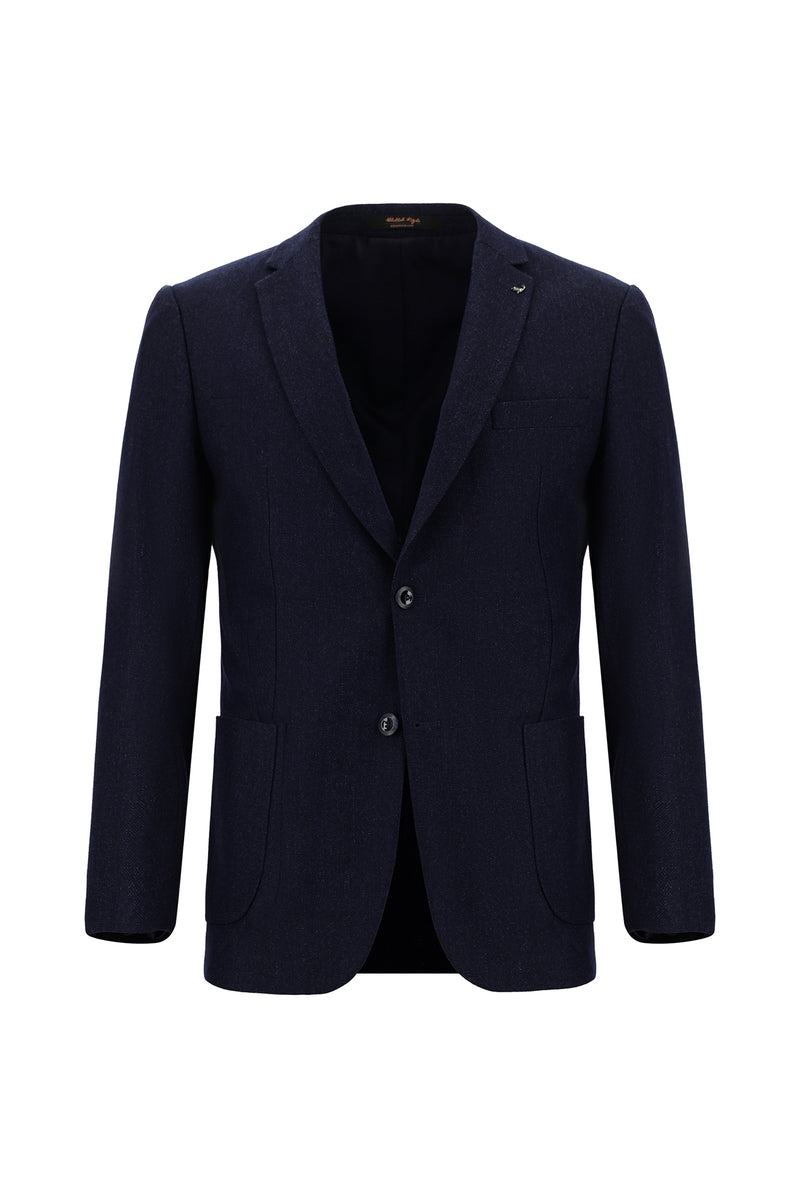 Koyu Lacivert Super Slim Fit Ekstra Dar Kesim Yünlü Desenli Spor Ceket