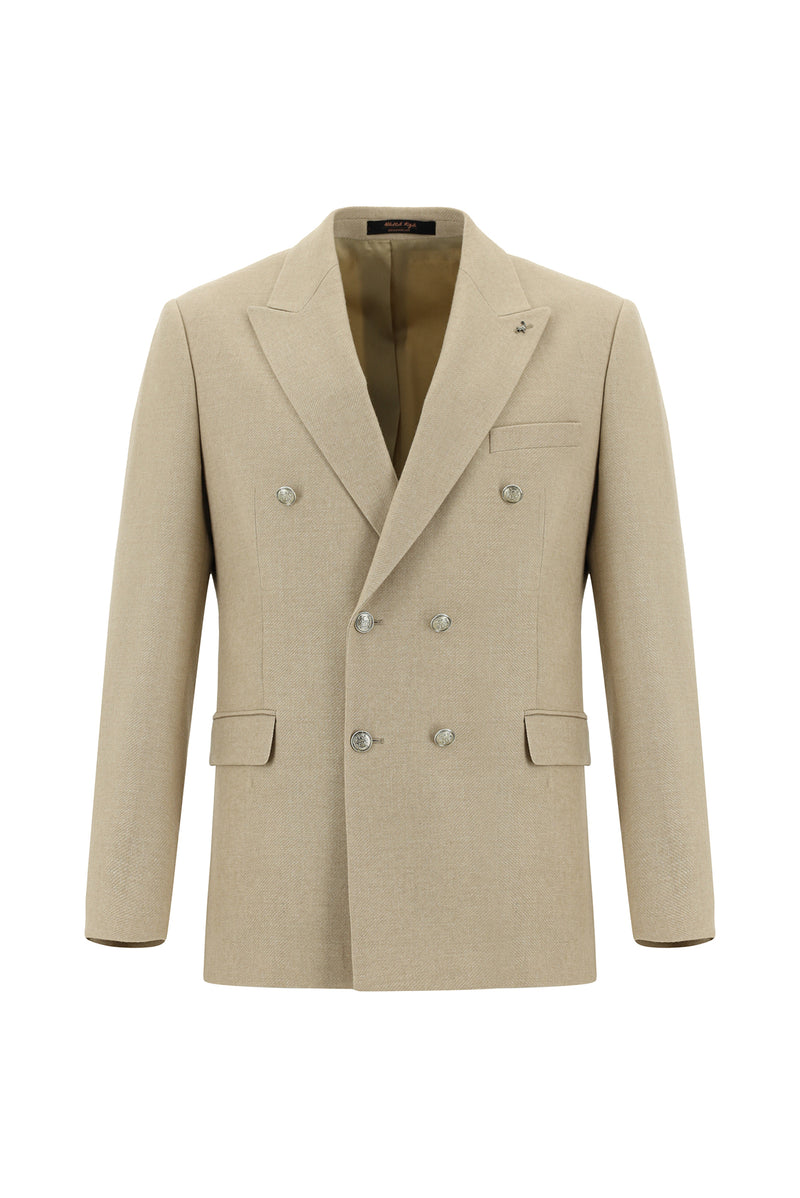 Açık Bej Relaxed Fit Rahat Kesim Yünlü Düz İtalyan Kruvaze Ceket