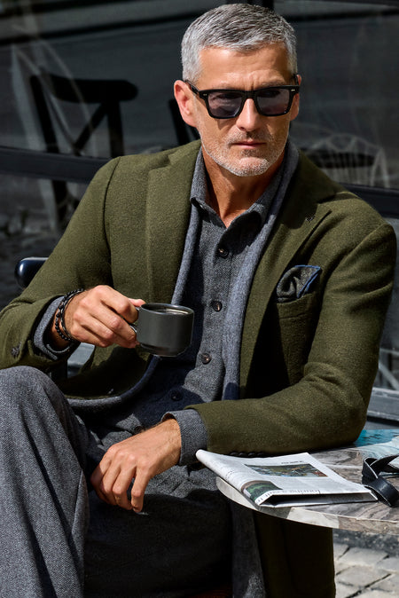 Orta Haki Super Slim Fit Ekstra Dar Kesim Spor Yünlü İtalyan Ceket