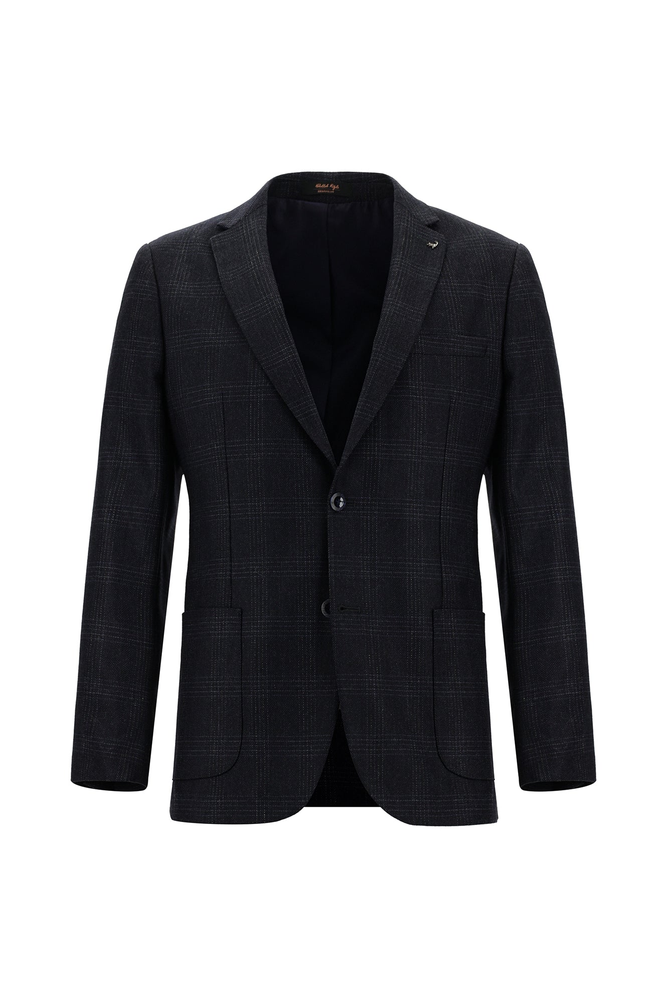 Koyu Lacivert Super Slim Fit Ekstra Dar Kesim Ekose Yünlü Ceket