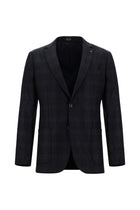 Koyu Lacivert Super Slim Fit Ekstra Dar Kesim Ekose Yünlü Ceket