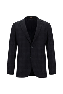 Koyu Lacivert Super Slim Fit Ekstra Dar Kesim Ekose Yünlü Ceket