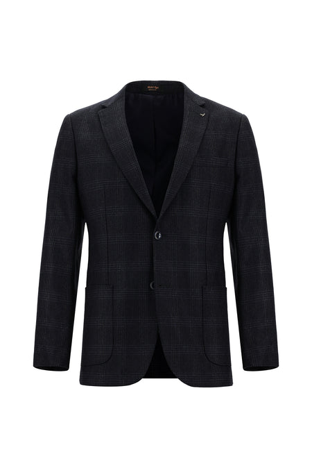 Koyu Lacivert Super Slim Fit Ekstra Dar Kesim Ekose Yünlü Ceket