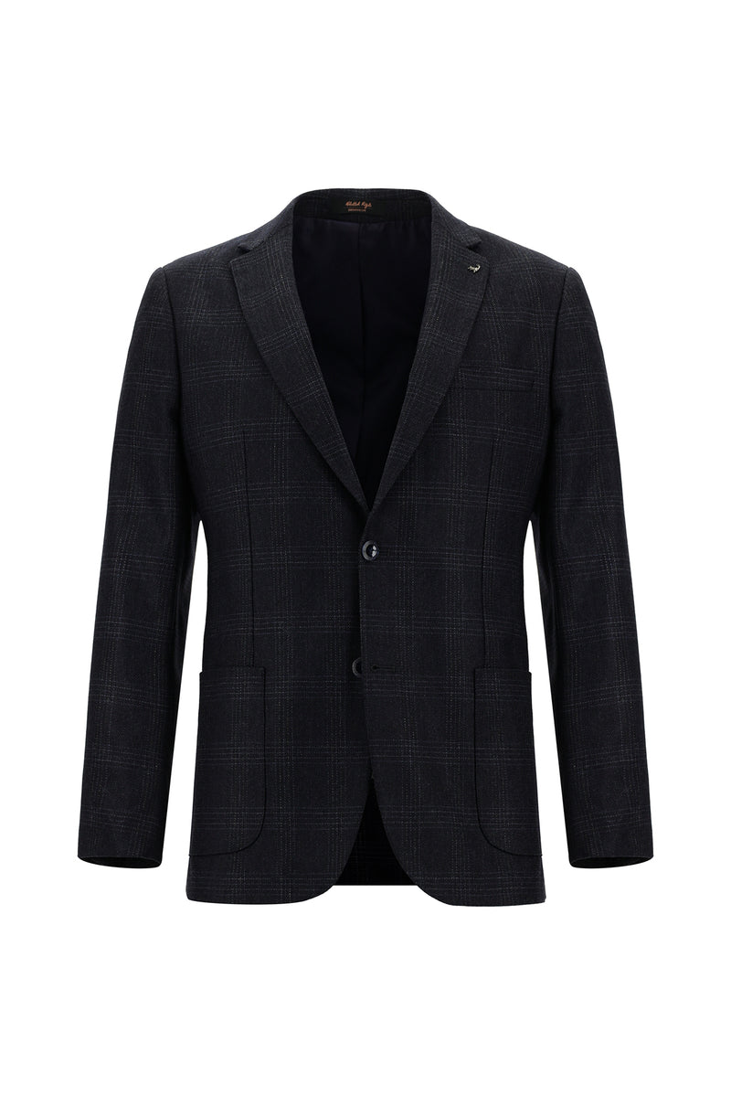 Koyu Lacivert Super Slim Fit Ekstra Dar Kesim Ekose Yünlü Ceket
