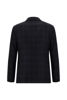 Koyu Lacivert Super Slim Fit Ekstra Dar Kesim Ekose Yünlü Ceket