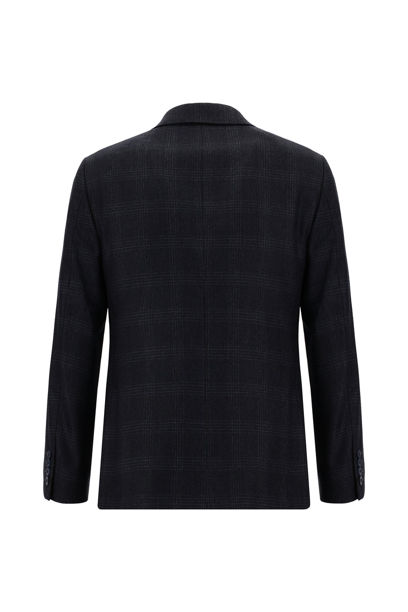 Koyu Lacivert Super Slim Fit Ekstra Dar Kesim Ekose Yünlü Ceket