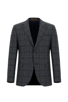 Açık Lacivert Slim Fit Dar Kesim İtalyan Ekose Yünlü Ceket