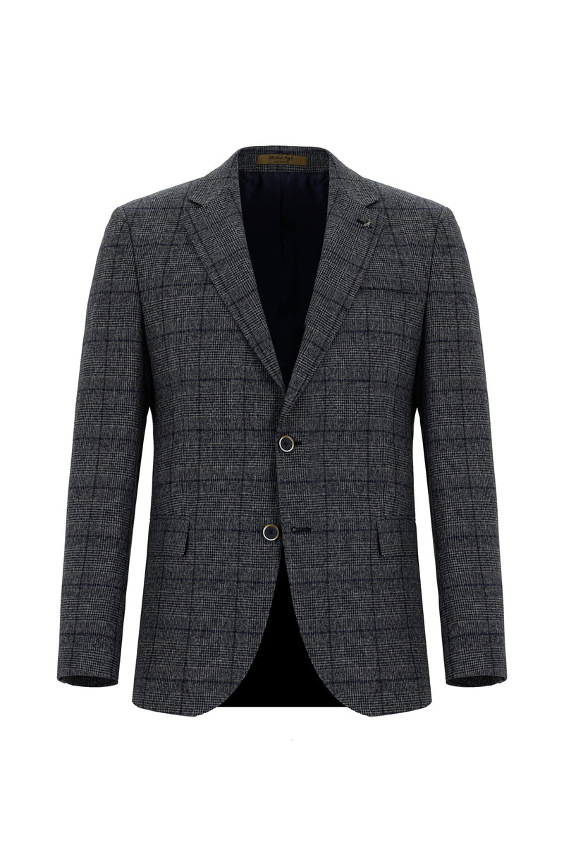 Açık Lacivert Slim Fit Dar Kesim İtalyan Ekose Yünlü Ceket